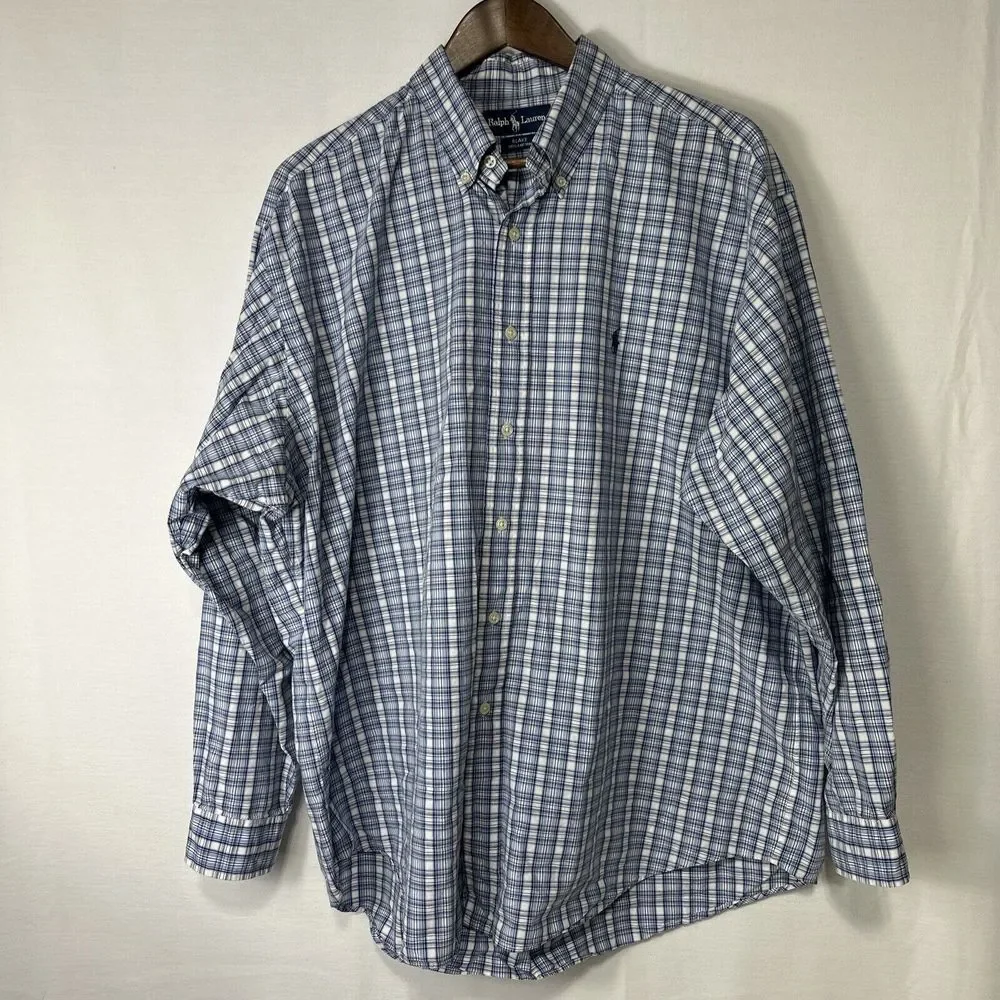 Polo Ralph Lauren Men's XL Button‎ Down Blue Plaid Shirt Long Sleeve Oxford
